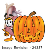 #24337 Clip Art Graphic Of A Human Heart Cartoon Character With A Carved Halloween Pumpkin