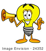 #24352 Clip Art Graphic Of A Yellow Electric Lightbulb Cartoon Character Holding A Megaphone