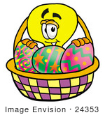 #24353 Clip Art Graphic Of A Yellow Electric Lightbulb Cartoon Character In An Easter Basket Full Of Decorated Easter Eggs
