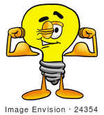 #24354 Clip Art Graphic Of A Yellow Electric Lightbulb Cartoon Character Flexing His Arm Muscles