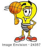 #24357 Clip Art Graphic Of A Yellow Electric Lightbulb Cartoon Character Spinning A Basketball On His Finger