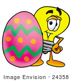 #24358 Clip Art Graphic Of A Yellow Electric Lightbulb Cartoon Character Standing Beside An Easter Egg