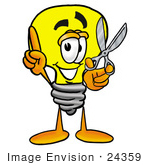 #24359 Clip Art Graphic Of A Yellow Electric Lightbulb Cartoon Character Holding A Pair Of Scissors