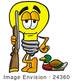 #24360 Clip Art Graphic Of A Yellow Electric Lightbulb Cartoon Character Duck Hunting Standing With A Rifle And Duck