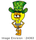 #24363 Clip Art Graphic Of A Yellow Electric Lightbulb Cartoon Character Wearing A Saint Patricks Day Hat With A Clover On It