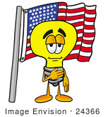 #24366 Clip Art Graphic Of A Yellow Electric Lightbulb Cartoon Character Pledging Allegiance To An American Flag