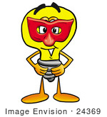 #24369 Clip Art Graphic Of A Yellow Electric Lightbulb Cartoon Character Wearing A Red Mask Over His Face