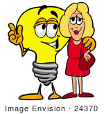 #24370 Clip Art Graphic Of A Yellow Electric Lightbulb Cartoon Character Talking To A Pretty Blond Woman