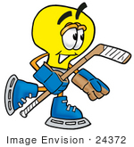 #24372 Clip Art Graphic Of A Yellow Electric Lightbulb Cartoon Character Playing Ice Hockey