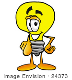 #24373 Clip Art Graphic Of A Yellow Electric Lightbulb Cartoon Character Pointing At The Viewer