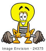 #24375 Clip Art Graphic Of A Yellow Electric Lightbulb Cartoon Character Lifting A Heavy Barbell
