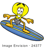 #24377 Clip Art Graphic Of A Yellow Electric Lightbulb Cartoon Character Surfing On A Blue And Yellow Surfboard