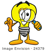 #24379 Clip Art Graphic Of A Yellow Electric Lightbulb Cartoon Character Looking Through A Magnifying Glass