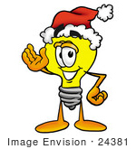 #24381 Clip Art Graphic Of A Yellow Electric Lightbulb Cartoon Character Wearing A Santa Hat And Waving