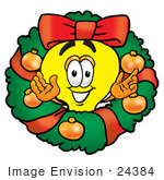#24384 Clip Art Graphic Of A Yellow Electric Lightbulb Cartoon Character In The Center Of A Christmas Wreath