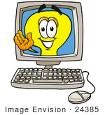 #24385 Clip Art Graphic Of A Yellow Electric Lightbulb Cartoon Character Waving From Inside A Computer Screen