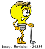 #24386 Clip Art Graphic Of A Yellow Electric Lightbulb Cartoon Character Leaning On A Golf Club While Golfing