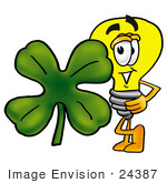 #24387 Clip Art Graphic Of A Yellow Electric Lightbulb Cartoon Character With A Green Four Leaf Clover On St Paddy’S Or St Patricks Day