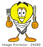 #24390 Clip Art Graphic Of A Yellow Electric Lightbulb Cartoon Character Holding A Knife And Fork
