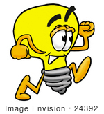 #24392 Clip Art Graphic Of A Yellow Electric Lightbulb Cartoon Character Running