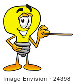 #24398 Clip Art Graphic Of A Yellow Electric Lightbulb Cartoon Character Holding A Pointer Stick