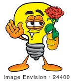#24400 Clip Art Graphic Of A Yellow Electric Lightbulb Cartoon Character Holding A Red Rose On Valentines Day