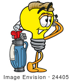 #24405 Clip Art Graphic Of A Yellow Electric Lightbulb Cartoon Character Swinging His Golf Club While Golfing