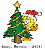 #24414 Clip Art Graphic Of A Yellow Electric Lightbulb Cartoon Character Waving And Standing By A Decorated Christmas Tree