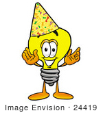 #24419 Clip Art Graphic Of A Yellow Electric Lightbulb Cartoon Character Wearing A Birthday Party Hat