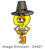 #24421 Clip Art Graphic Of A Yellow Electric Lightbulb Cartoon Character Wearing A Pilgrim Hat On Thanksgiving