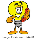 #24423 Clip Art Graphic Of A Yellow Electric Lightbulb Cartoon Character Holding A Telephone