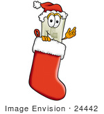 #24442 Clip Art Graphic Of A White Electrical Light Switch Cartoon Character Wearing A Santa Hat Inside A Red Christmas Stocking
