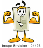 #24453 Clip Art Graphic Of A White Electrical Light Switch Cartoon Character Flexing His Arm Muscles