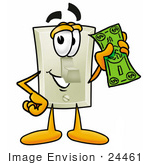 #24461 Clip Art Graphic Of A White Electrical Light Switch Cartoon Character Holding A Dollar Bill