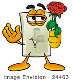 #24463 Clip Art Graphic Of A White Electrical Light Switch Cartoon Character Holding A Red Rose On Valentines Day