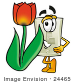 #24465 Clip Art Graphic Of A White Electrical Light Switch Cartoon Character With A Red Tulip Flower In The Spring