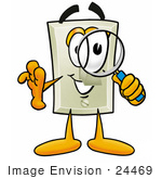 #24469 Clip Art Graphic Of A White Electrical Light Switch Cartoon Character Looking Through A Magnifying Glass