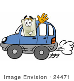 #24471 Clip Art Graphic Of A White Electrical Light Switch Cartoon Character Driving A Blue Car And Waving