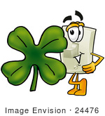 #24476 Clip Art Graphic Of A White Electrical Light Switch Cartoon Character With A Green Four Leaf Clover On St Paddy’S Or St Patricks Day