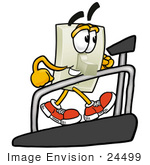 #24499 Clip Art Graphic Of A White Electrical Light Switch Cartoon Character Walking On A Treadmill In A Fitness Gym