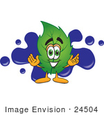 #24504 Clip Art Graphic Of A Green Tree Leaf Cartoon Character Logo With Blue Paint Splatters