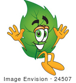 #24507 Clip Art Graphic Of A Green Tree Leaf Cartoon Character Jumping