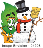 #24508 Clip Art Graphic Of A Green Tree Leaf Cartoon Character With A Snowman On Christmas