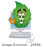 #24509 Clip Art Graphic Of A Green Tree Leaf Cartoon Character Waving From Inside A Computer Screen