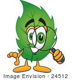 #24512 Clip Art Graphic Of A Green Tree Leaf Cartoon Character Looking Through A Magnifying Glass