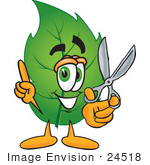 #24518 Clip Art Graphic Of A Green Tree Leaf Cartoon Character Holding A Pair Of Scissors