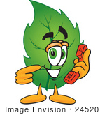 #24520 Clip Art Graphic Of A Green Tree Leaf Cartoon Character Holding A Telephone