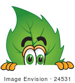 #24531 Clip Art Graphic Of A Green Tree Leaf Cartoon Character Peeking Over A Surface