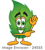 #24533 Clip Art Graphic Of A Green Tree Leaf Cartoon Character Waving And Pointing