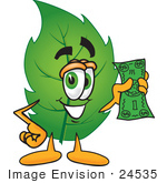#24535 Clip Art Graphic Of A Green Tree Leaf Cartoon Character Holding A Dollar Bill
